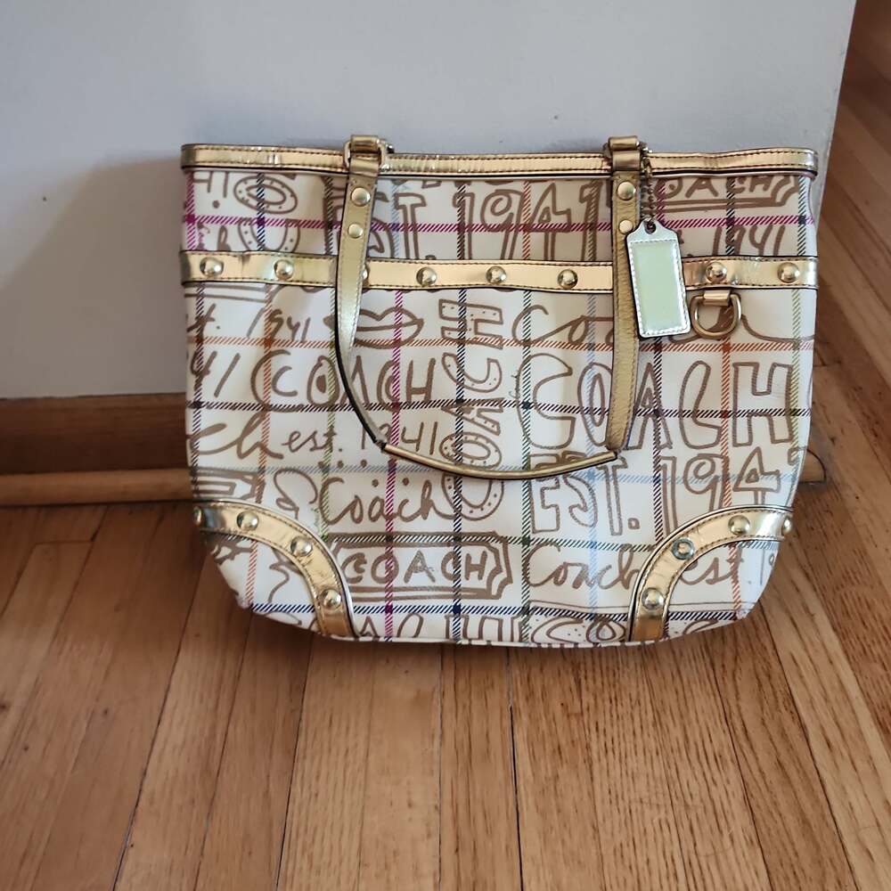 Coach Purse Heritage Tattersall Graffiti F13188 Gold Tote Bag Medium Size Purse